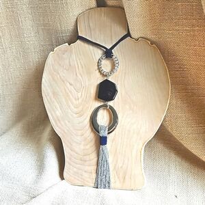 C1946 Long Silver, Navy & Black Drop Statement  Necklace